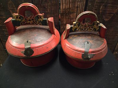 A Pair of 19th Century Chinese Red Lacquered Wooden Baskets. A pair of ornate red-lacquered 
