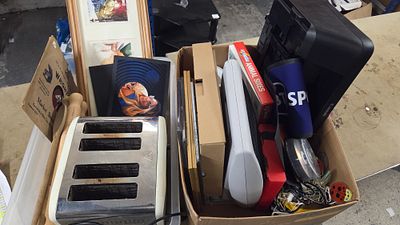 Two Boxes of Household Items Electronics and Framed Art