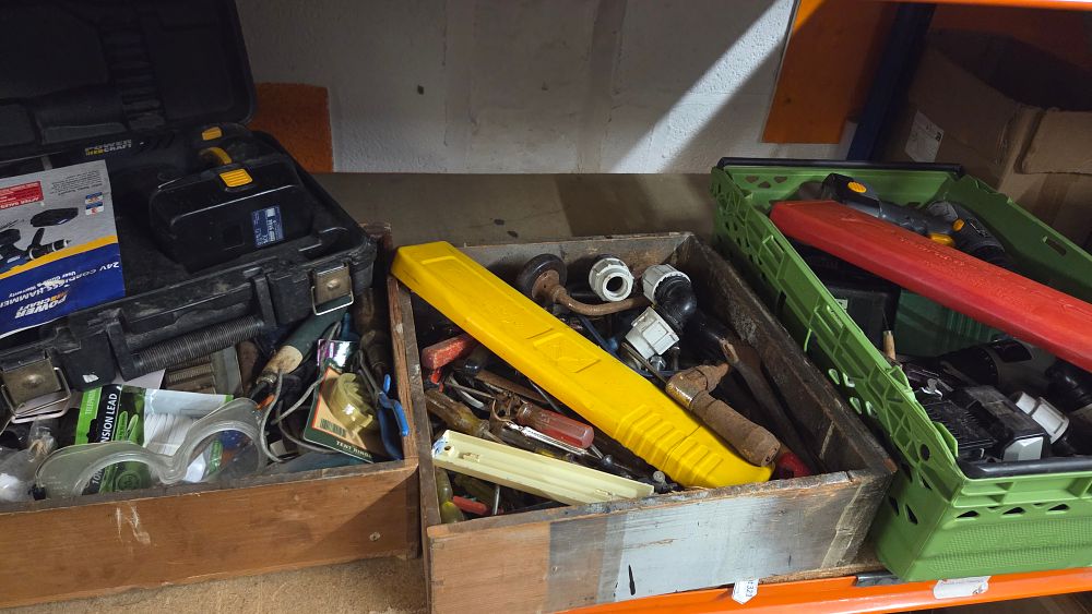 Lot 368 – Three boxes of assorted hand tools and plumbing components