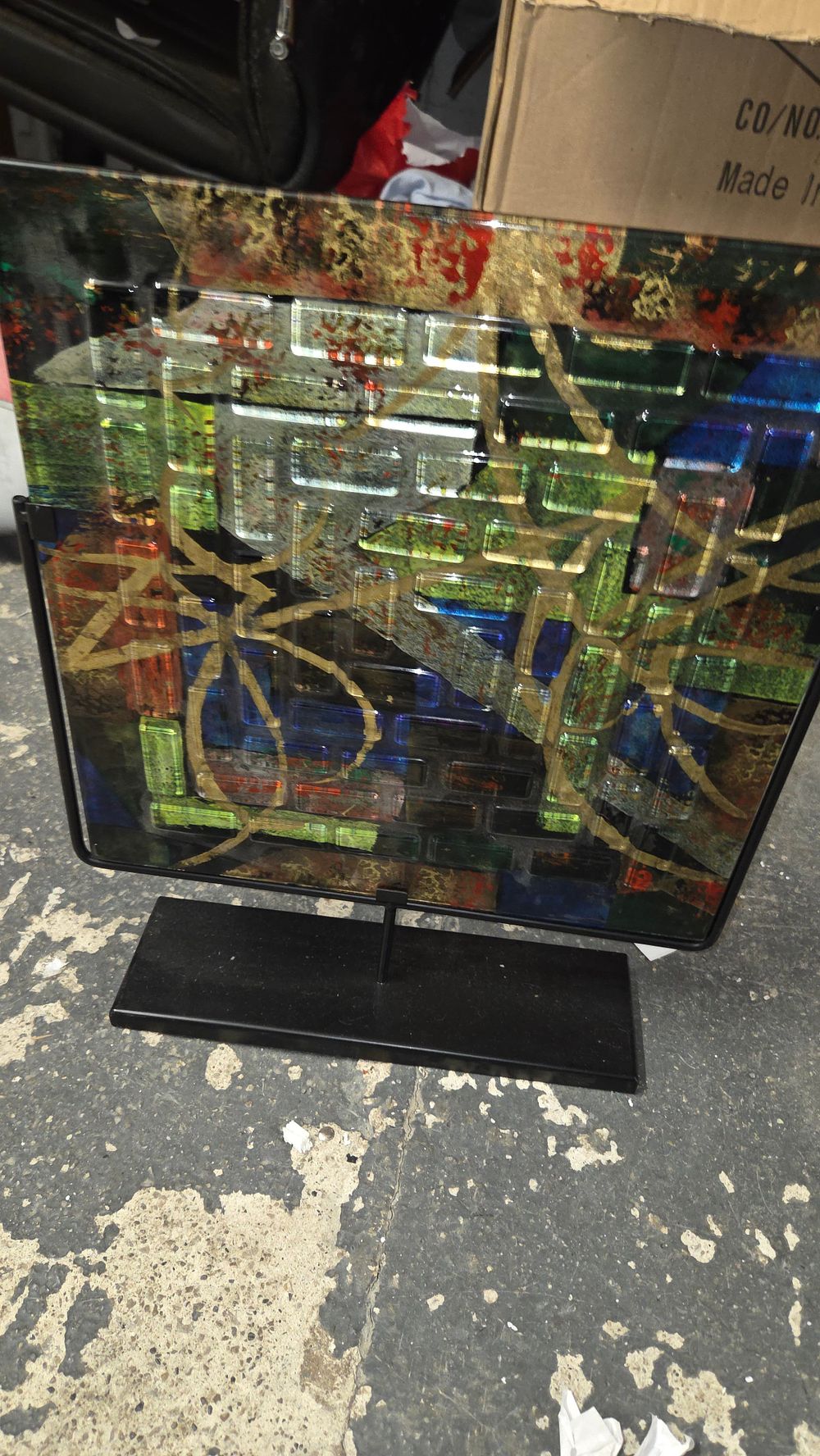 Lot 413 – Square Abstract Multi-coloured Glass Art Panel on Stand