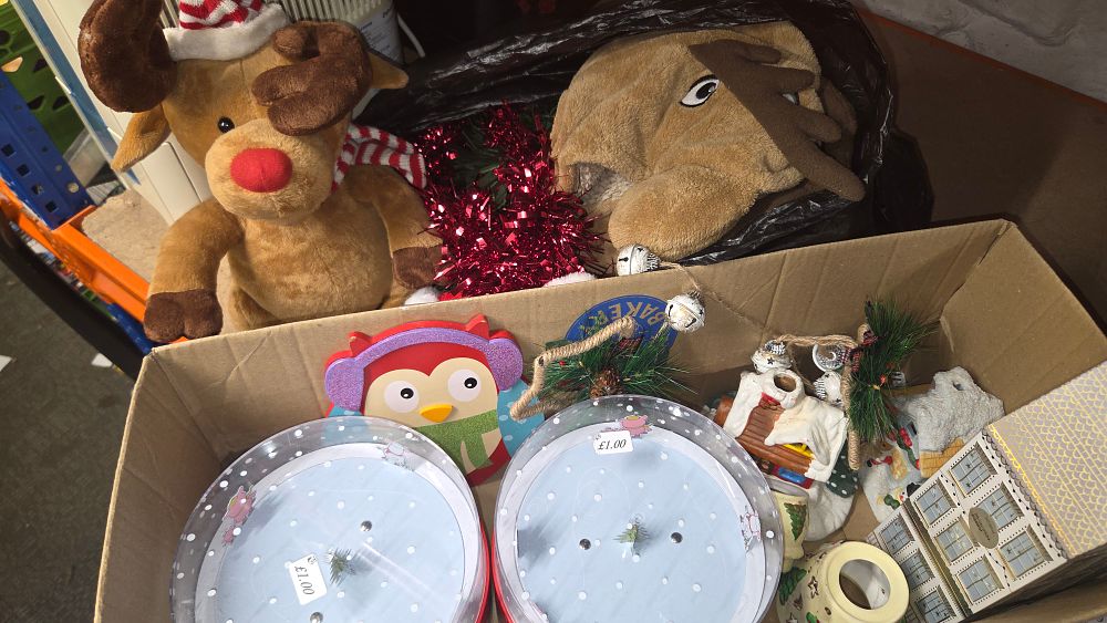 Lot 415 – Box and Bag of Christmas Decorations and Plush Toys