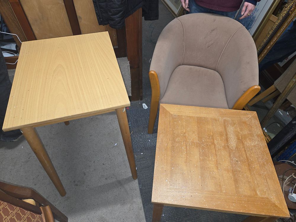 Lot 572 – A Trio of Wooden Side Tables and Upholstered Armchair
