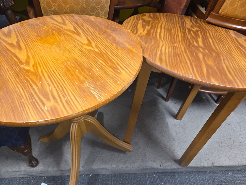 Lot 573 – Two Round Light Brown Finished Wooden Tables