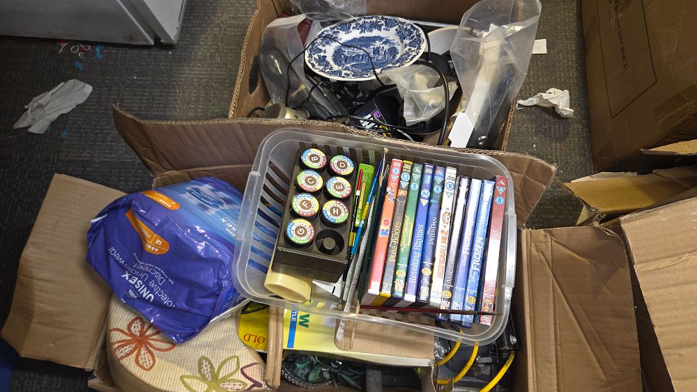 Lot 271 – Two Boxes of Miscellaneous Household Items and DVDs