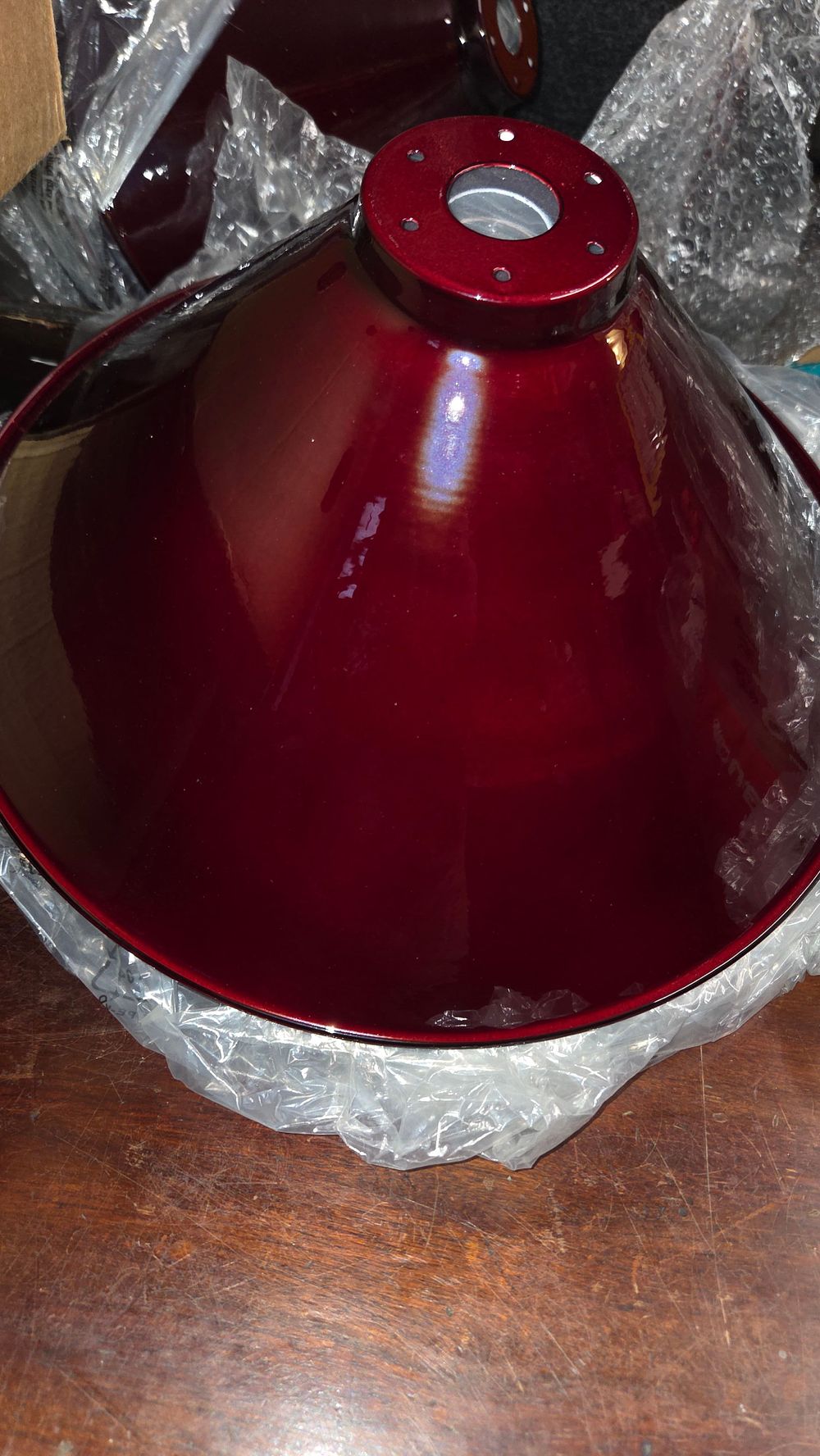 Lot 367 – Five Red Glossy Conical Metal Lampshades