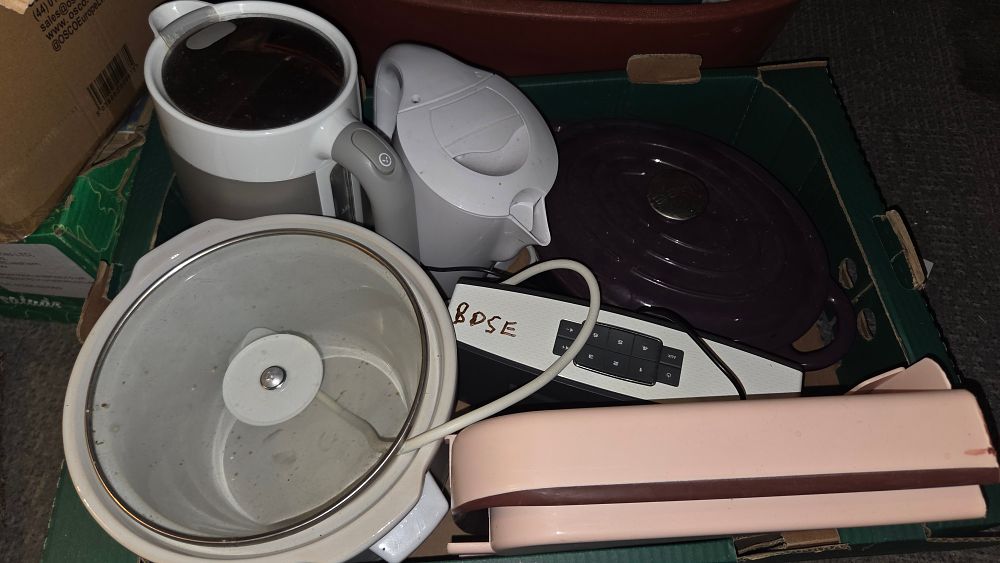 Lot 381 – A Box of Household and Kitchen Appliances. Including Russell Hobbs Slow Cooker