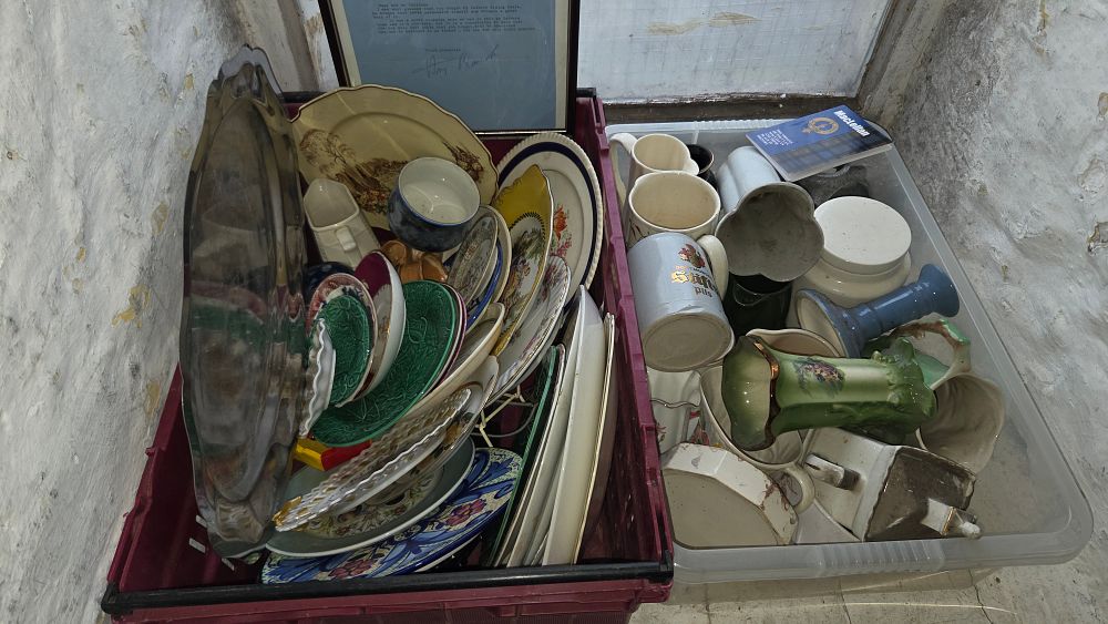 Lot 404 – Two Boxes of Mixed Ceramics and Metalware