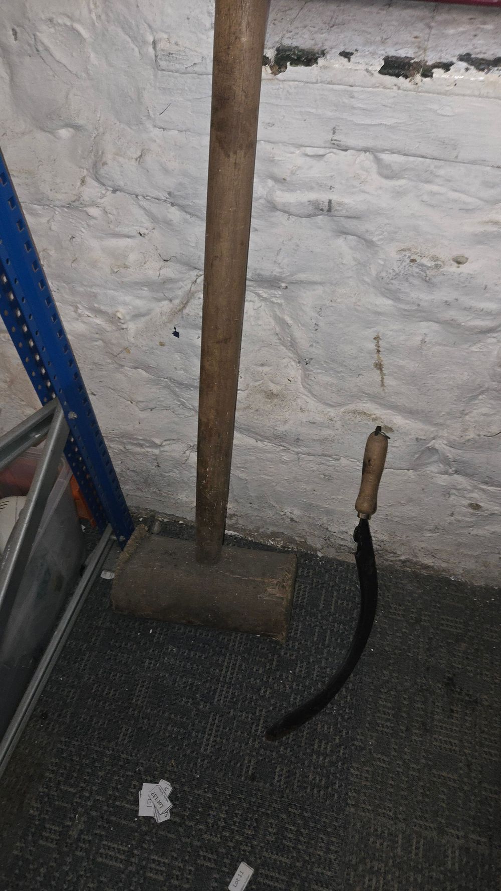 Lot 408 – A Large Wooden Mallet and a Hand Sickle