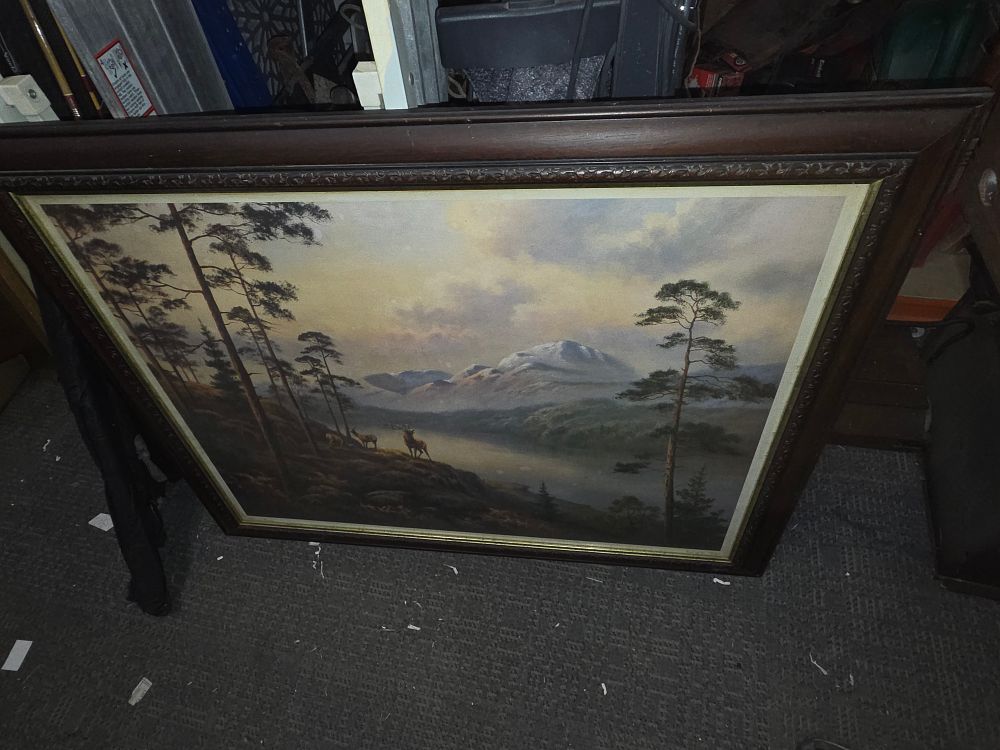 Lot 502 – Framed oil on canvas landscape painting with deer