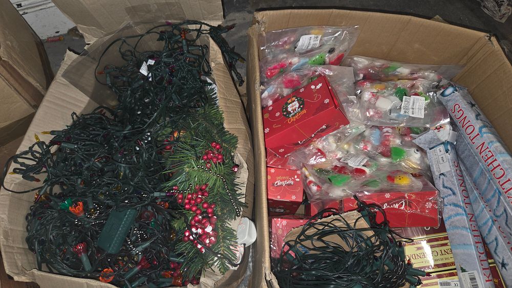 Lot 577 – Two Boxes of Festive Decorations and Kitchen Tongs