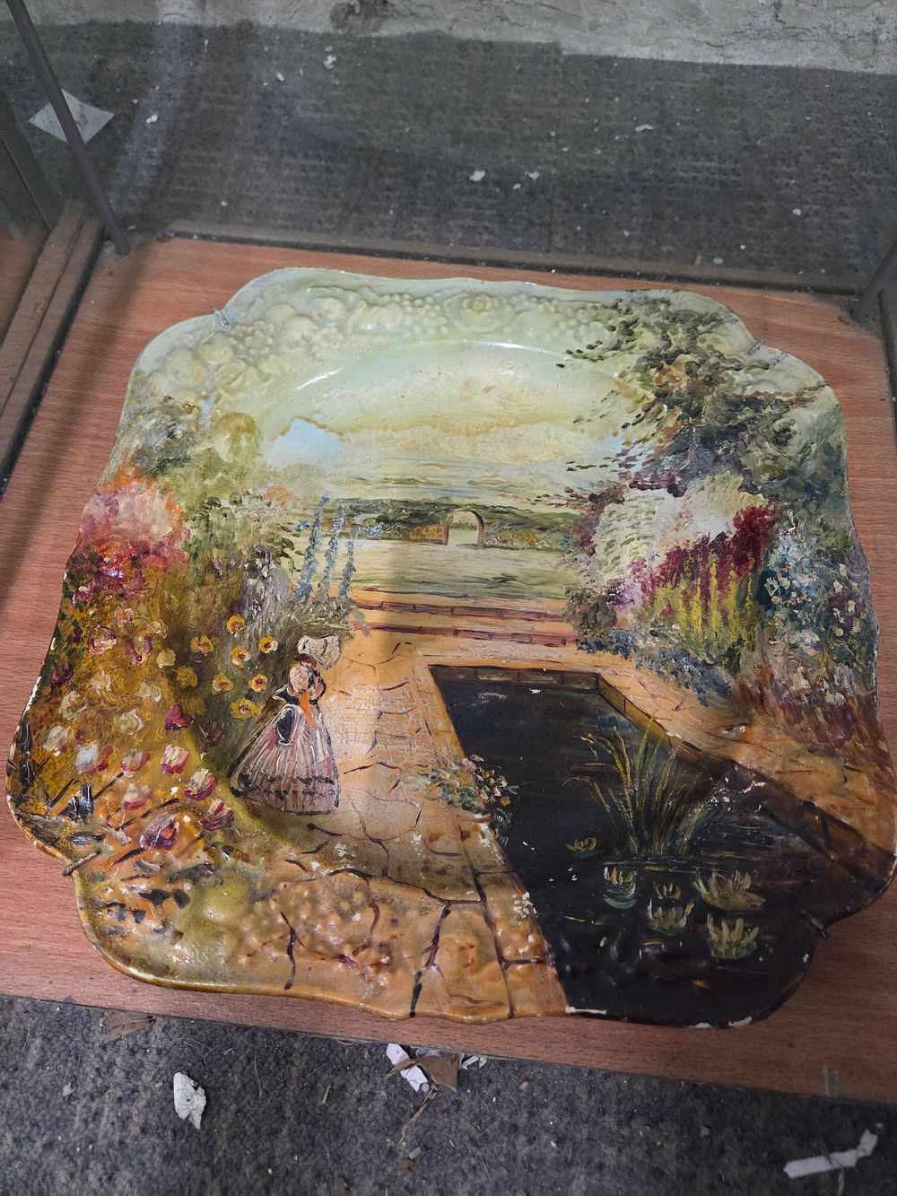 Lot 612 – Crown Ducal Hand Painted Florentine Square Ceramic Garden Scene Plate