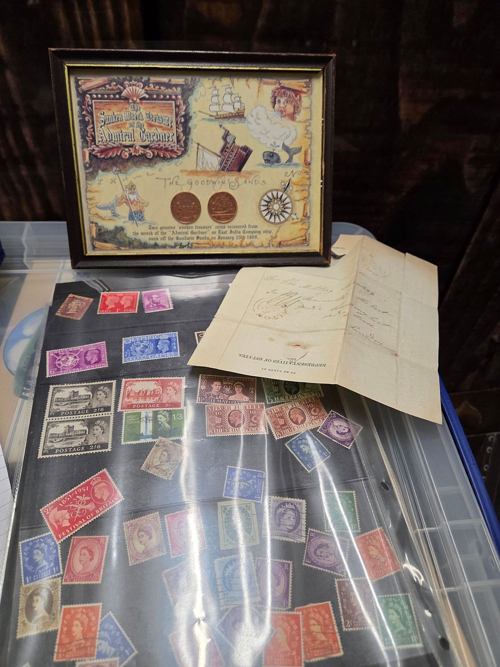 Lot 618 – A Collection of Shipwreck Coins, Vintage Stamps, and Ephemera