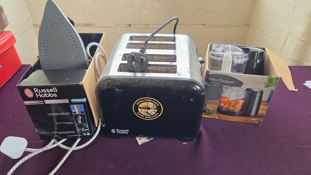 Lot 219 – Three Appliances including Russell Hobbs Iron, 4-Slice Toaster and Morrisons Mini Chopper