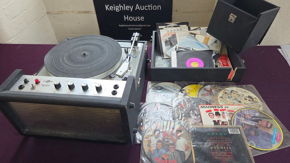 Lot 225 – Portogram, Varsity Mark Six Record Player with Goldring Lenco GL 68 and Madness 7″ Vinyl Collection, c.1965-1985