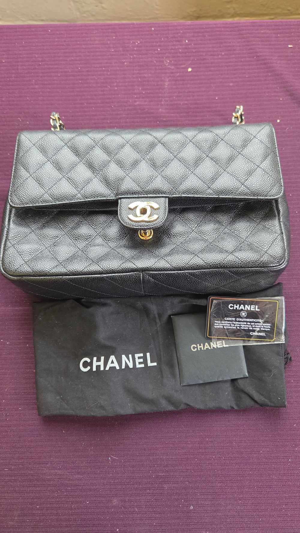 Lot 302 – Chanel Classic Double Flap Bag, Black Caviar Leather with dust bag