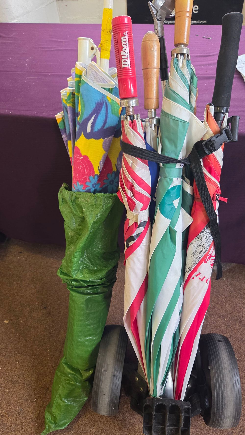 Lot 354 – A Collection of Umbrellas, a Wheeled Trolley Base and Golf Ball Retriever