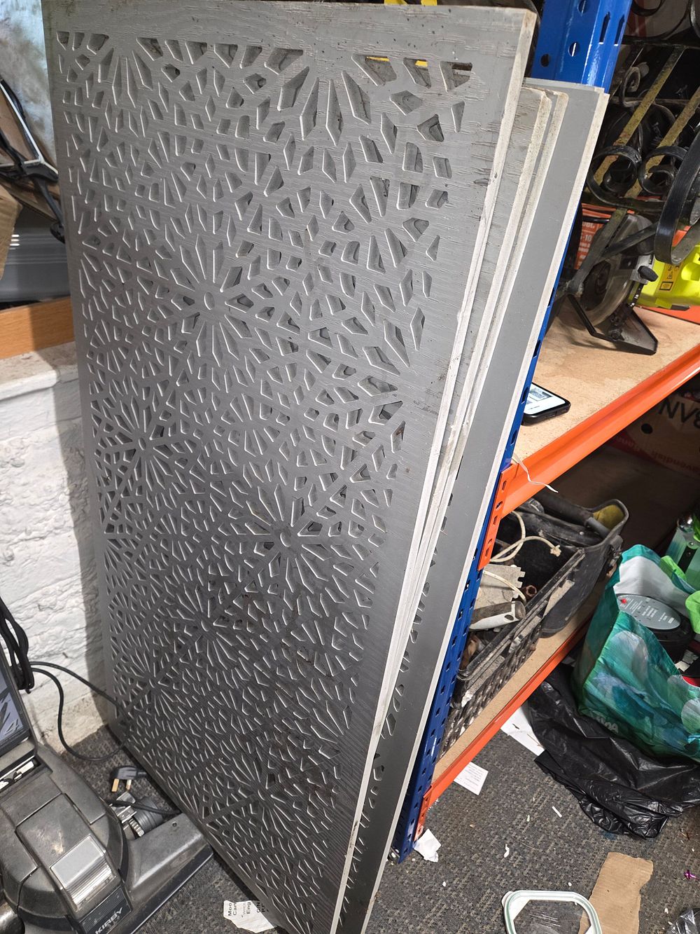 Lot 359 – Nine grey decorative fretwork fencing panels