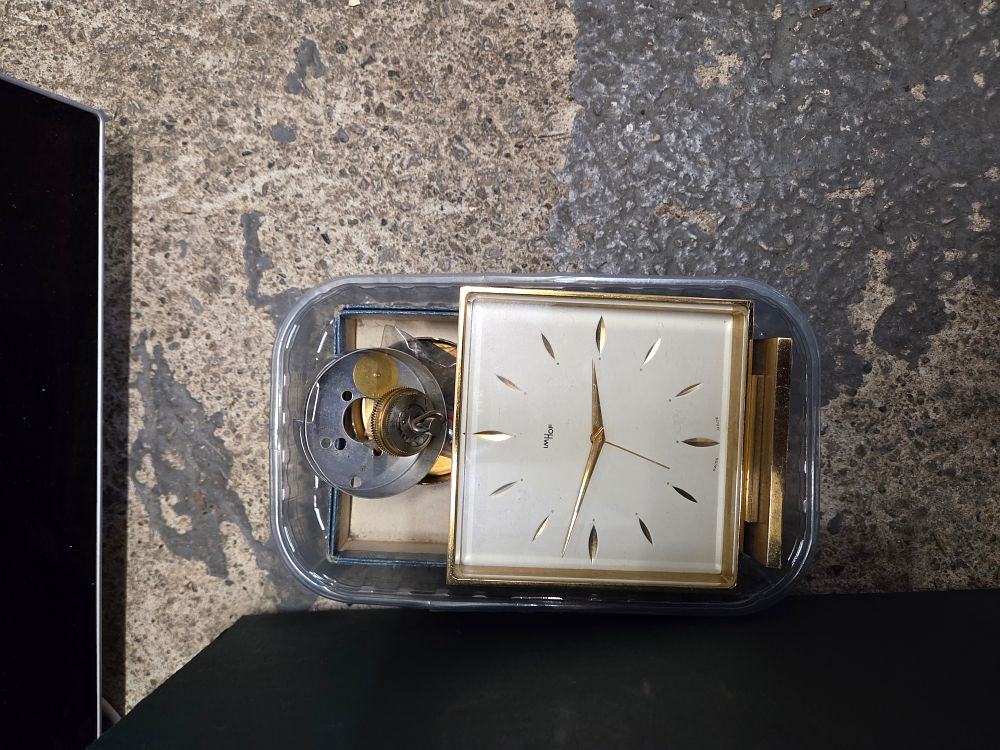 Lot 375 – Imhof Swiss Gilt Brass Square Desk Clock for Restoration