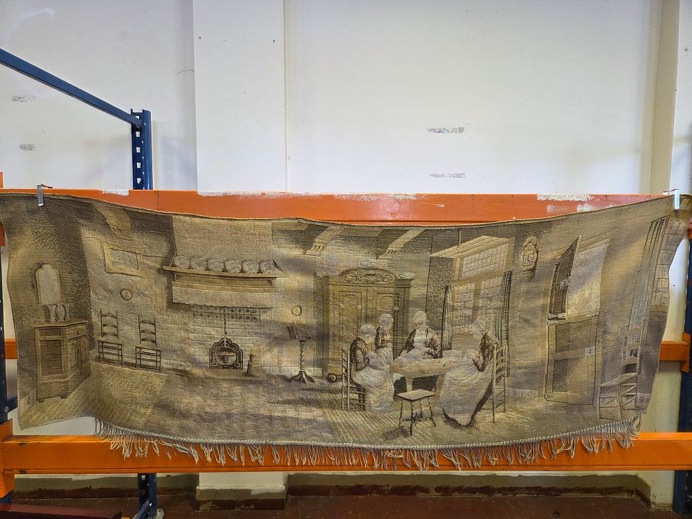 Lot 161 – Large Woven Tapestry Wall Hanging with 17th Century Style Dutch Interior Scene