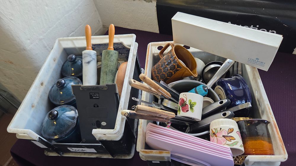 Lot 152 – Two Boxes of Kitchenalia and Household Wares including Marble Rolling Pins and Ceramics