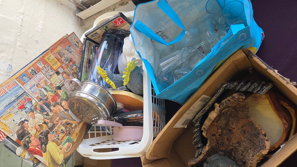 Lot 289 – Basket, Box and Bag of Decorative Objects Glassware and Household Goods including a Large Wall Clock and Cockatoo Figurines