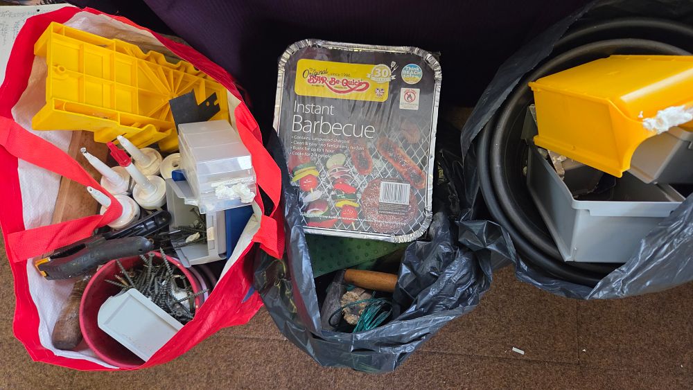 Lot 301 – Three Bags of Gardening, DIY, and Household Goods including a Bar-Be-Quick Instant Barbecue