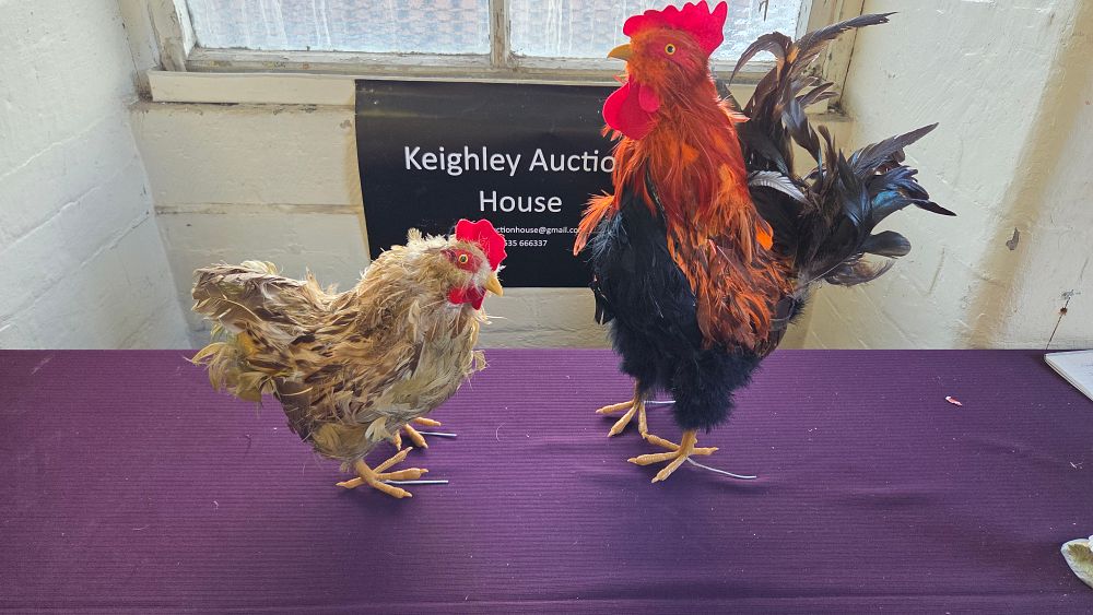 Lot 203 – A Pair of Feathered Artificial Rooster and Hen Figures