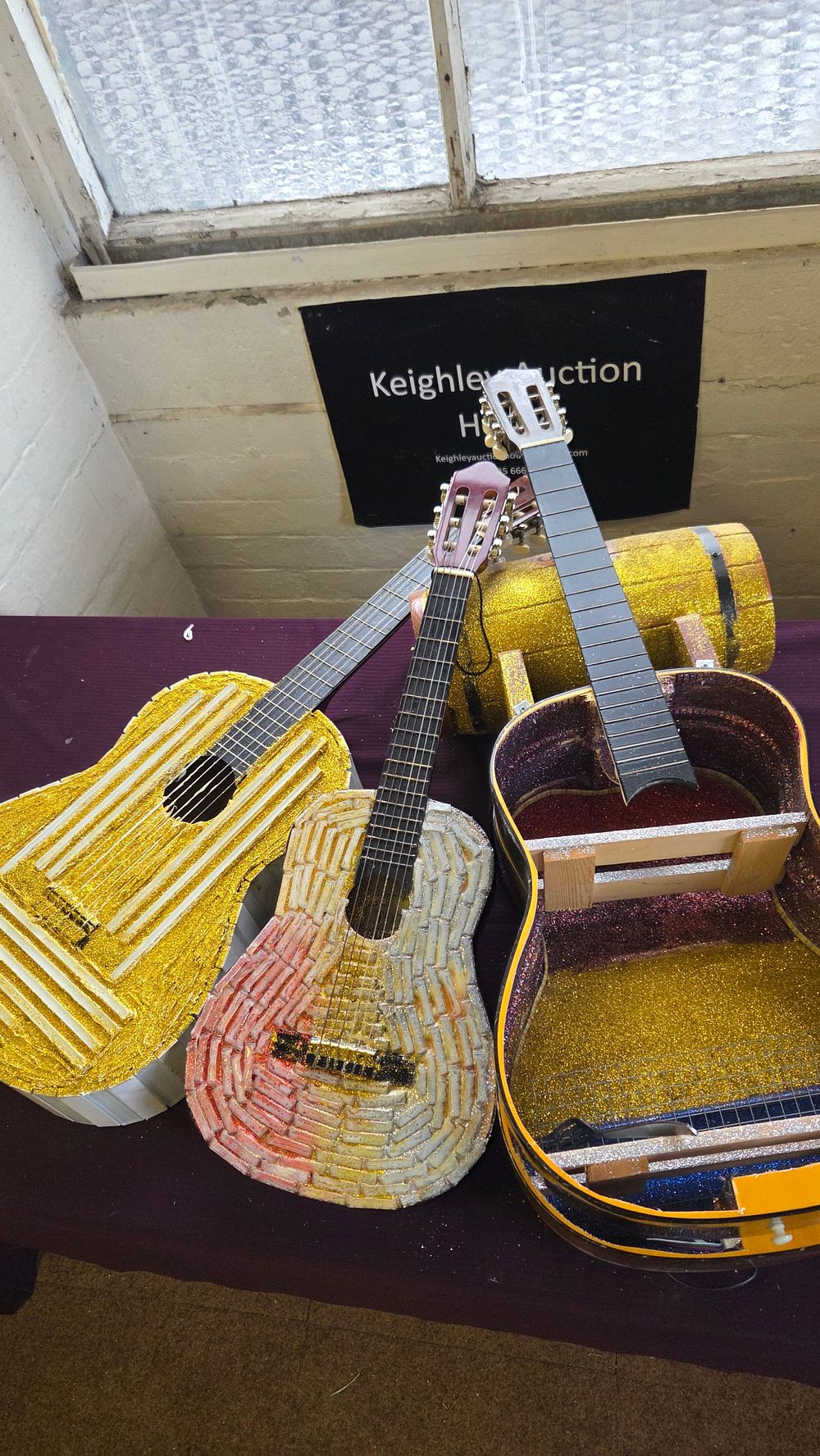 Lot 225 – Three Folk Art Decorated Guitars with William Grant & Sons Promotional Barrel,