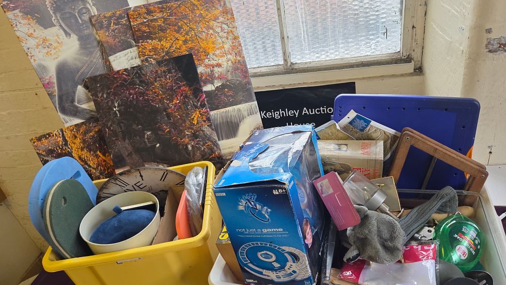 Lot 295 – Two Boxes of Household Items and Canvas Pictures