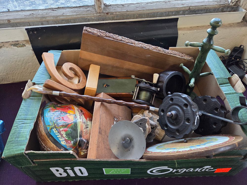 Lot 389 – An Assortment of Miscellaneous Collectibles including Fishing Reels, Woodenware, and a Walking Stick