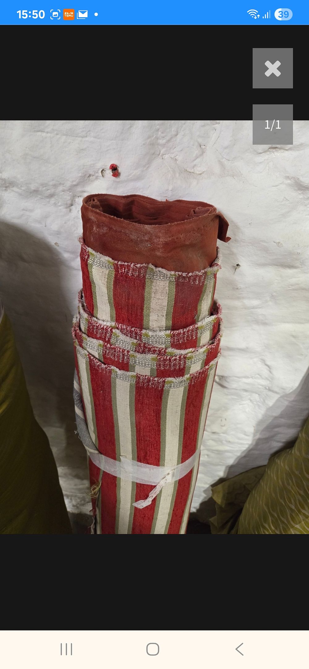 Lot 405 – A Roll of Heavyweight Woven Upholstery Fabric with Terracotta Red Olive Green and Cream Stripes