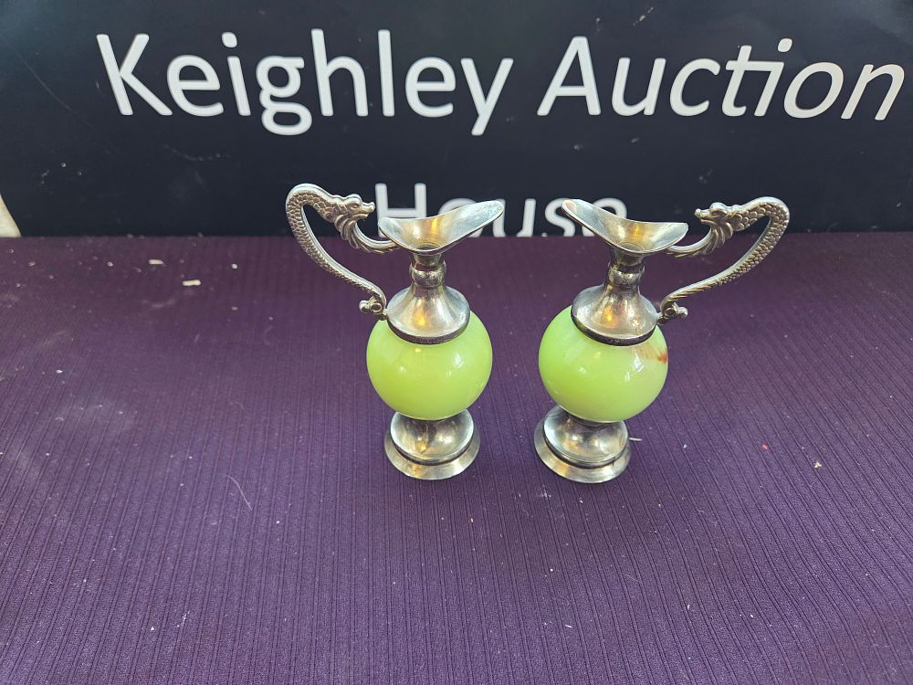 Lot 614 – A Pair of Miniature Hardstone and White Metal Ewers with Dragon Handles