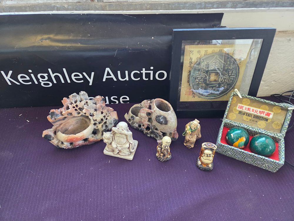 Lot 616 – An Assortment of Chinese Decorative Items including Soapstone Carvings, Figurines, and Baoding Balls