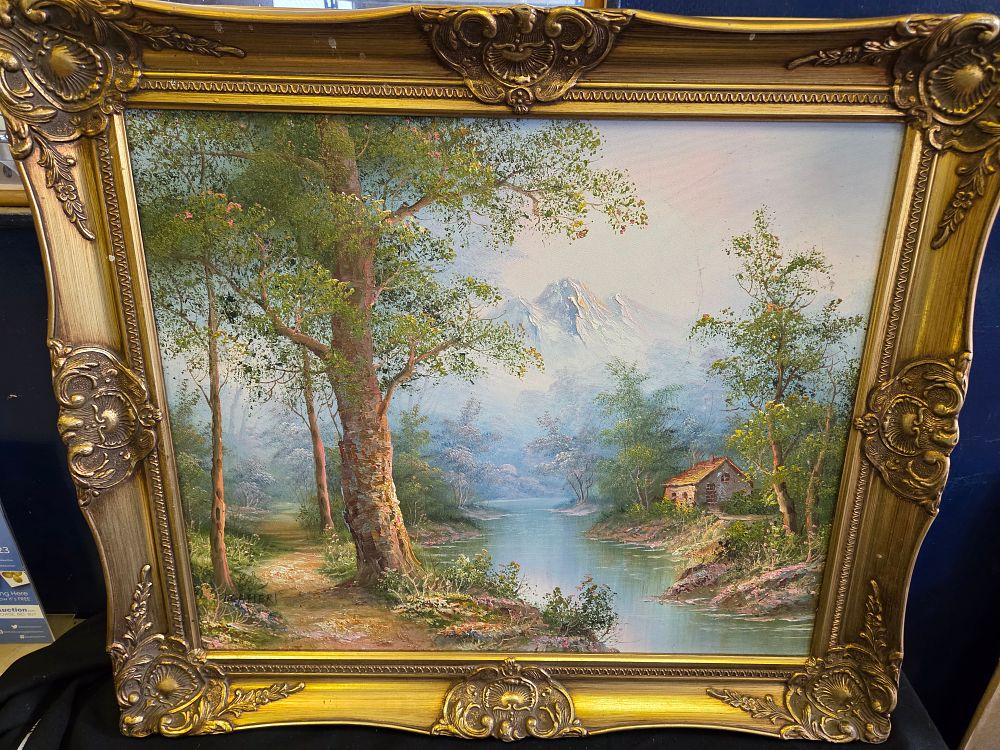 Lot 175 – I. Cafieri, River Landscape with Cottage and Mountains, Oil on Canvas