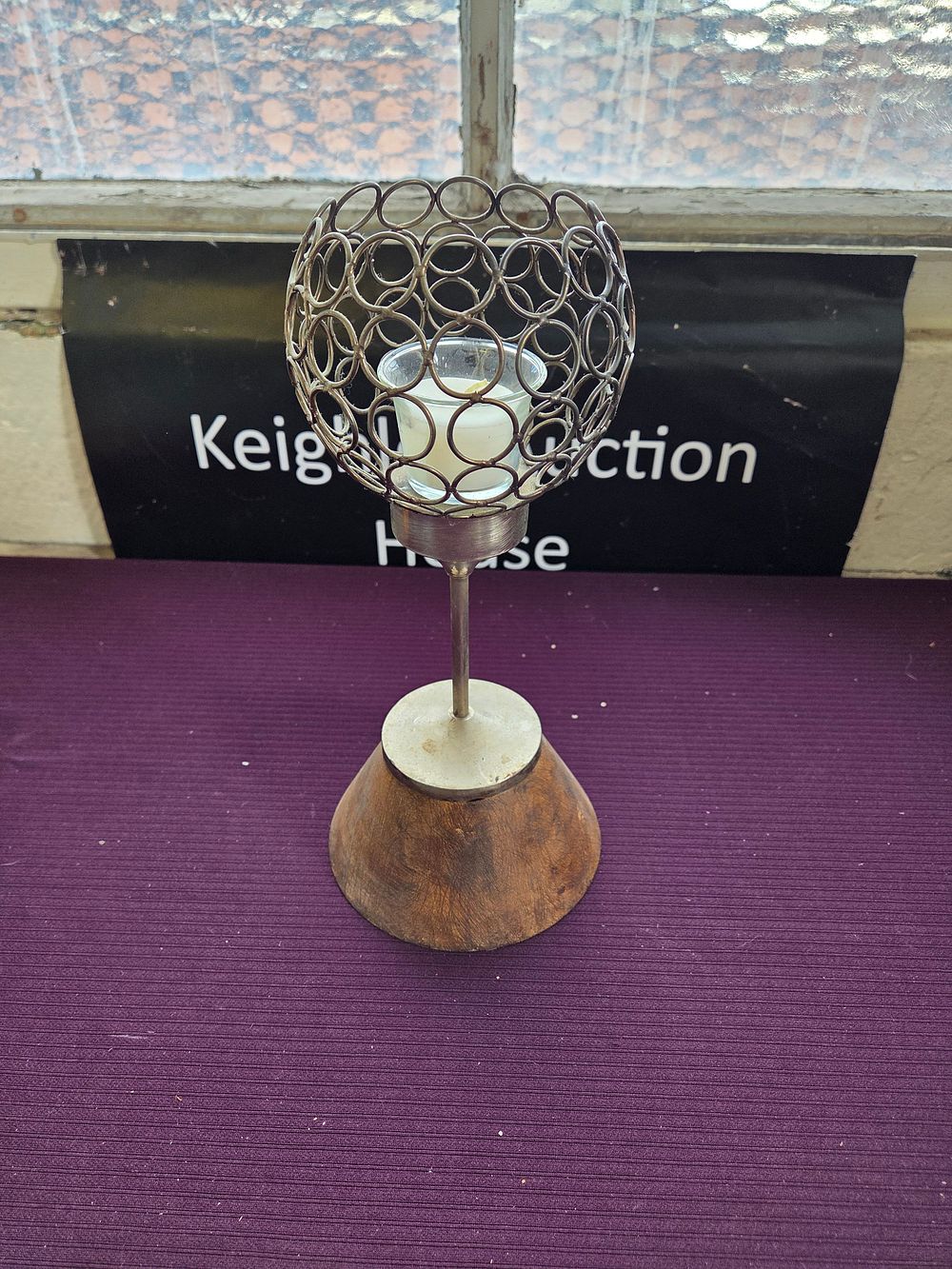 Lot 638 – A Contemporary Mixed-Media Candle Holder with Turned Wood Base and Wirework Cage
