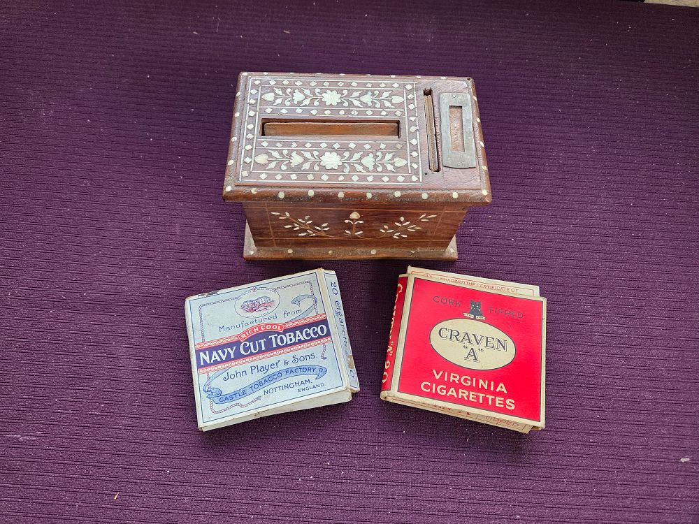 Lot 247 – A Trio of Vintage Tobacco Collectables Including an Anglo-Indian Inlaid Wooden Box and Two Cigarette Packets