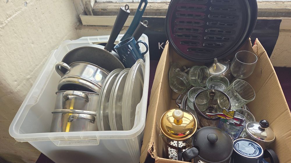 Lot 291 – Two Boxes of Domestic Kitchenware, Cookware, and Glassware