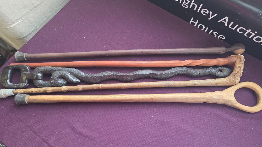 Lot 318 – A Collection of Wooden Walking Sticks and Folk Art Canes