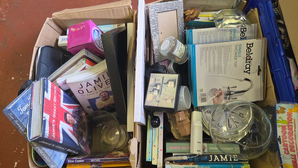 Lot 332 – Two Boxes of Household Goods, Cookery Books, and Electronics