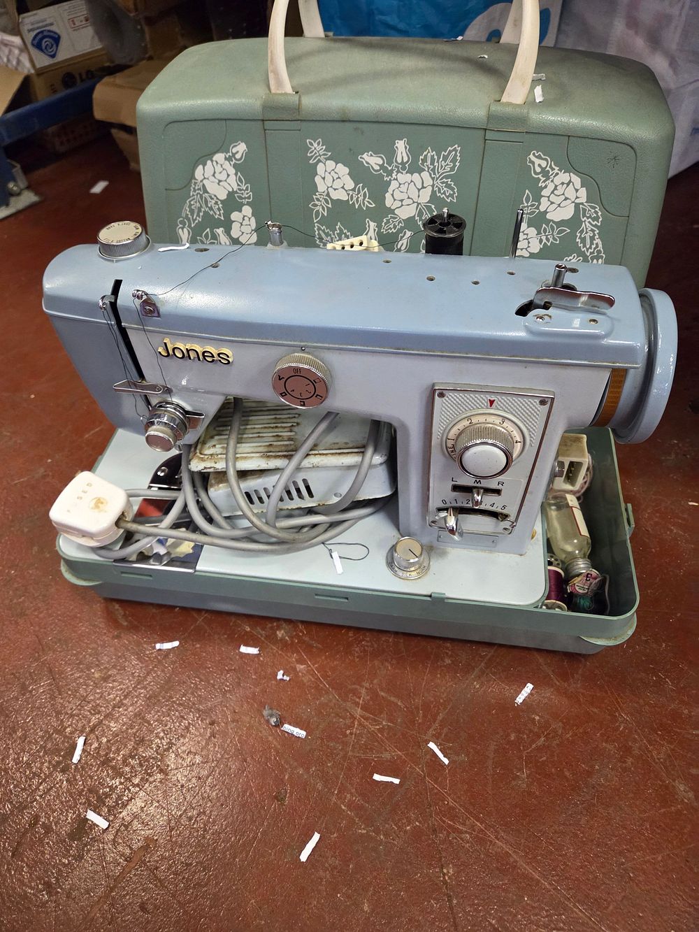 Lot 346 – Jones Vintage Electric Zig Zag Sewing Machine with Original Floral Carrying Case