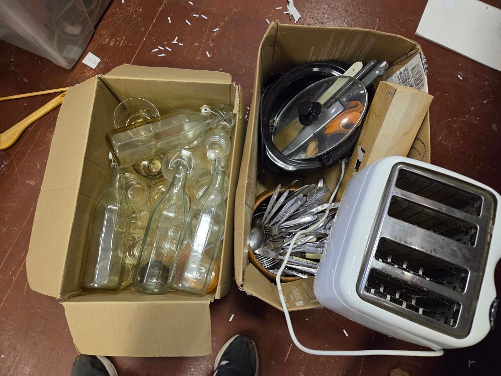 Lot 351 – Two boxes of Small Kitchen Appliances, Glassware, and Flatware