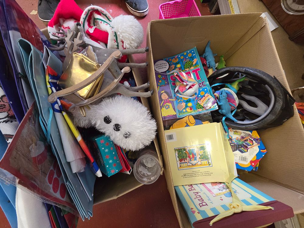Lot 366 – Two boxes of Children’s Toys, Books, and Festive Accessories