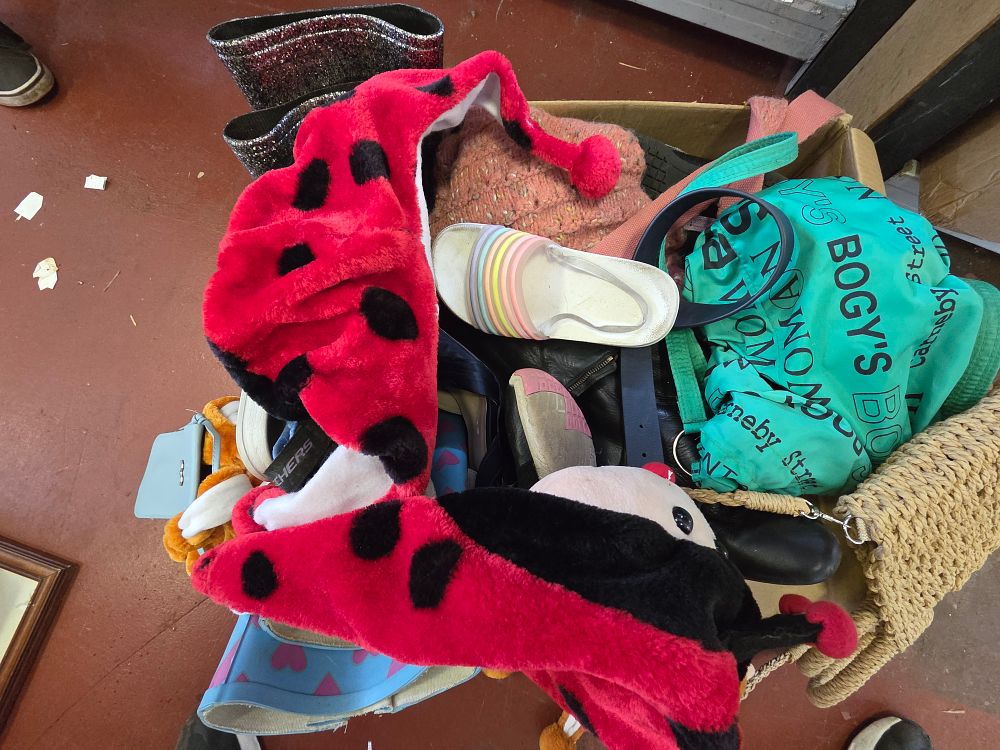 Lot 367 – An Box of Bags, Hats and Footwear