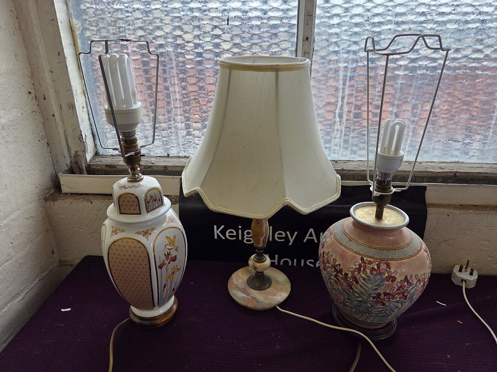 Lot 374 – Three Vintage Decorative Table Lamps including Ceramic and Carved Stone Examples