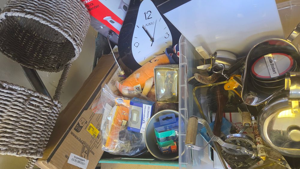 Lot 272 – Two Boxes of Kitchenware, Small Appliances, and Collectables including Prolex and Eddie Stobart