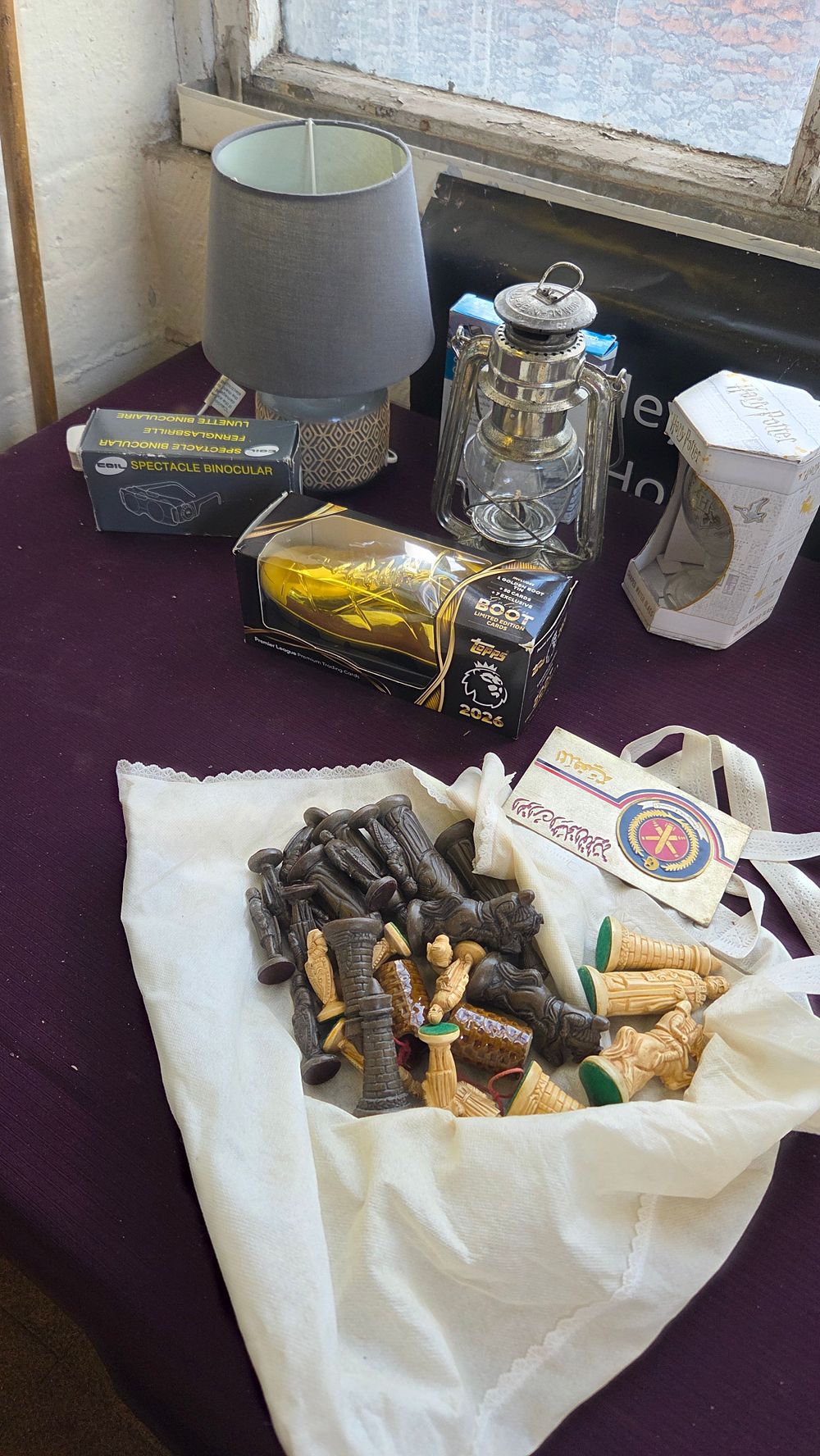 Lot 316 – An Assortment of Collectables and Household Items including Chess Pieces, Topps Golden Boot, and a Hurricane Lantern