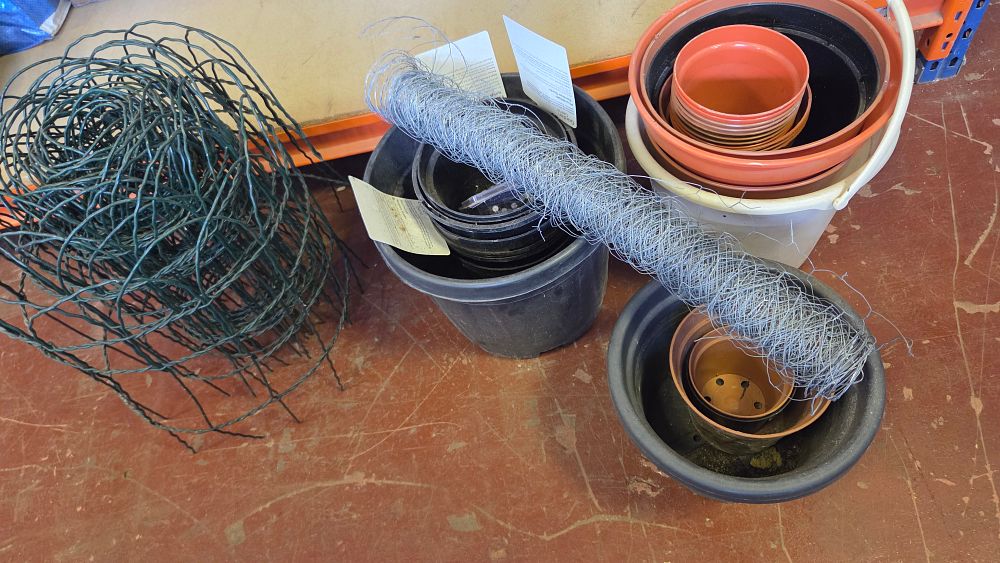 Lot 329 – A Collection of Garden Sundries Including Wire Fencing and Plastic Plant Pots