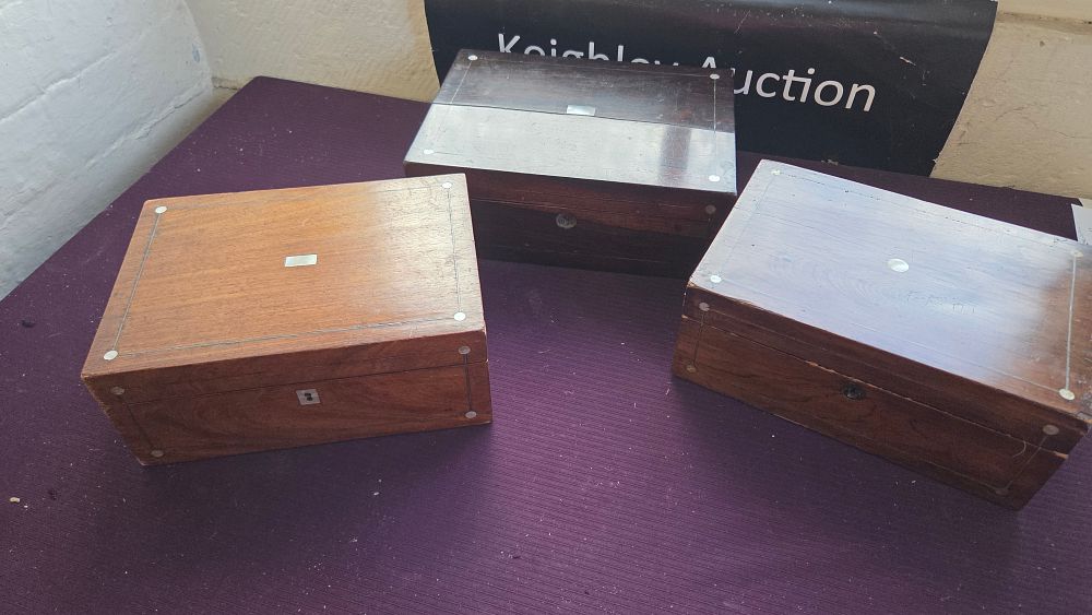 Lot 344 – A Trio of 19th Century Rosewood and Mahogany Writing Boxes with Mother-of-Pearl Inlay