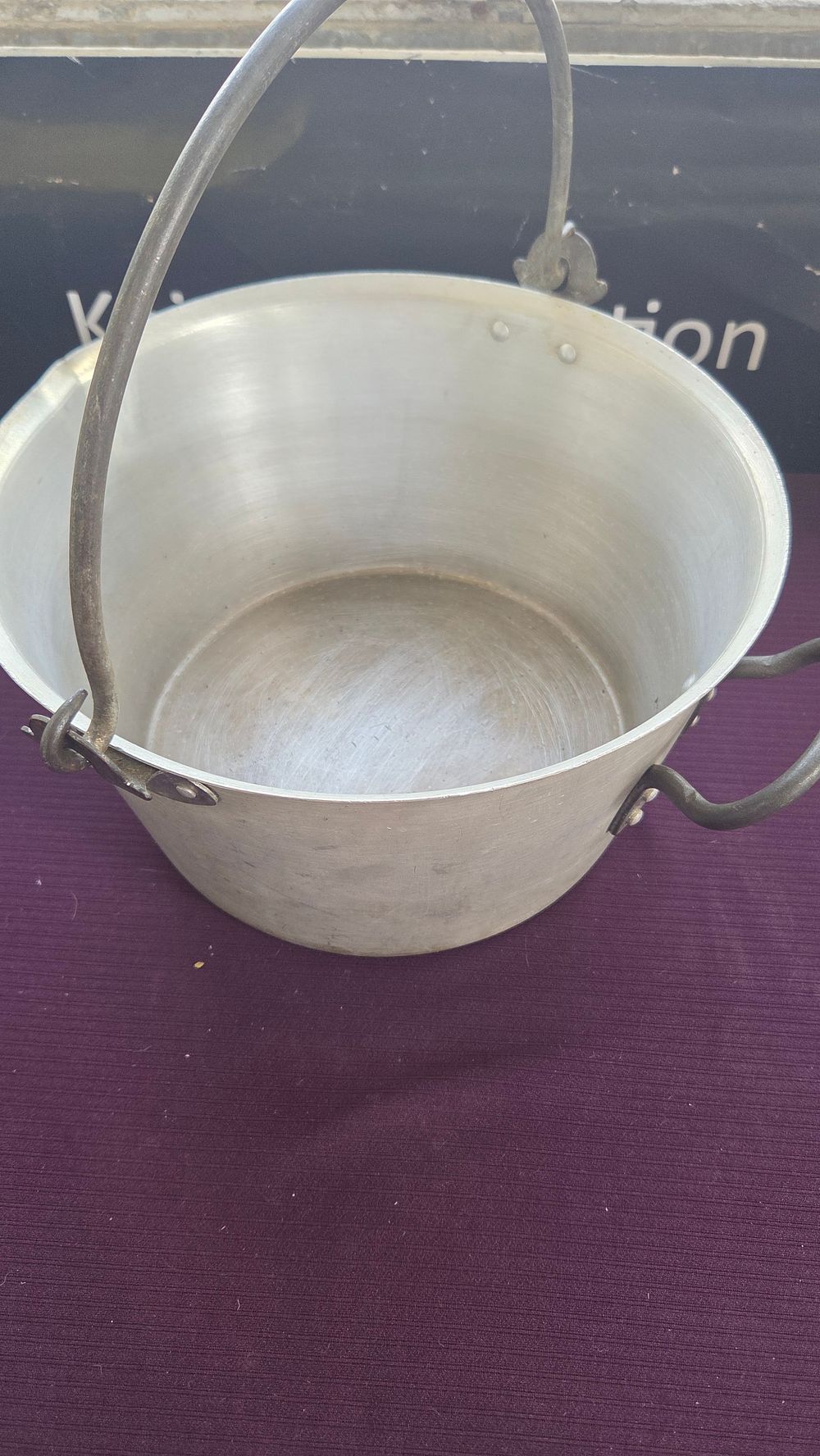 Lot 219 – Large mid-20th century aluminium preserve pan with iron handles
