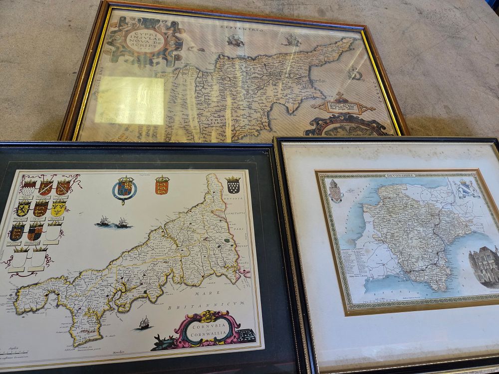 Lot 403 – Three Framed Maps including Abraham Ortelius Cyprus, Joan Blaeu Cornwall, and Thomas Moule Devonshire